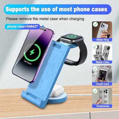 2024 Upgrated Wireless Charger: 3 in 1 Charger Stand Multiple Devices for Apple - iPhone 16 15 14 Pro Max 13 12 11 - Watch 10 9 8 7 6 5 4 3 2 SE and Ultra Series - Airpods 4 3 2 Pro - color: Blue