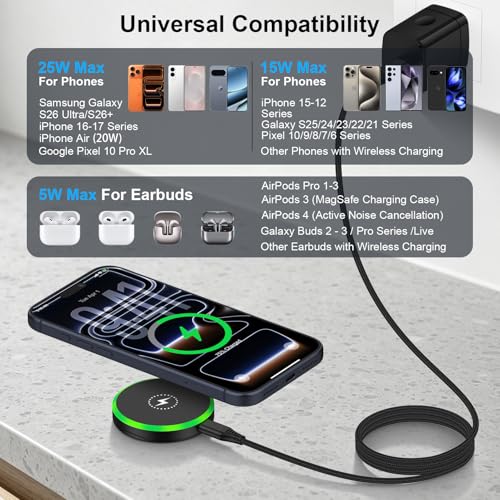 25W Magnetic Wireless Charger for Samsung Galaxy S26 Ultra/S26 Plus/S25/S24/S23/S22/S21/S20 Plus/Magnetic MagSafe Fast Charging Pad for iPhone 17 Pro Max/17e/16/15/14/13/12 Series/AirPods 4/3/2/Pro - color: Black