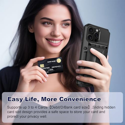 SAMONPOW for iPhone 16 Pro Case with Card Holder [4 Cards] &Kickstand Black - size: for iPhone 16 Pro
