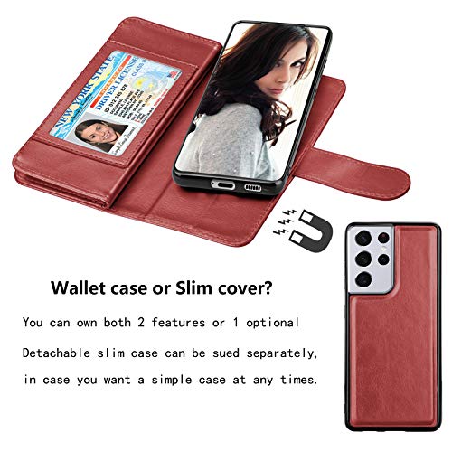 Njjex Wallet Case for Samsung Galaxy S21 Ultra 5G, For Galaxy S21 Ultra Case 6.8", [9 Card Slots] PU Leather ID Credit Holder Folio Flip [Detachable] Kickstand Magnetic Phone Cover & Lanyard -Wine Red - color: Wine Red