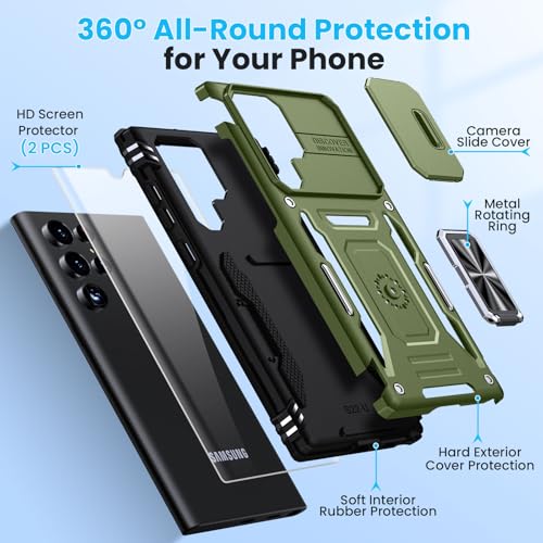 for Samsung Galaxy S22 Ultra Case with 2 PCS HD Screen Protector, Military Grade Protection Metal 360 ° Rotating Ring Kickstand Slide Camera Cover, Shockproof for Galaxy S22 Ultra Case, Olive Green | 2 PCS HD Screen Protector, Magnetic Metal 360 ° Rotatin
