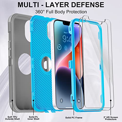 for iPhone 14 Case with 2 Screen Protector,Full Body Shockproof Drop Protection Dust Proof Heavy Duty 3-Layer Rugged Durable Military Grade Cover for Apple iPhone 14 6.1" (Gray/BlueⅡ) - color: Gray/BlueⅡ
