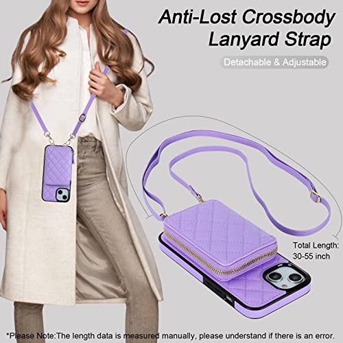 Bocasal Crossbody Wallet Case Card Holder for iPhone 13, Purple | RFID Blocking PU Leather Zipper Handbag Purse, Kickstand Flip Folio Case with Card Slots Holder Wrist Strap Lanyard 6.1 Inch - color: Purple