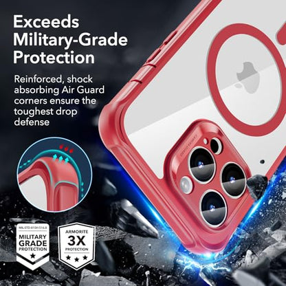 ESR for iPhone 15 Pro Max Case, Compatible with MagSafe, Full-Body Military-Grade Drop Proof Case with Built-in 9H+ Tempered Glass Screen Protector, Armor Series, Clear Red | Compatible with MagSafe, with Camera Lens Protector, Military-Grade Drop Protect