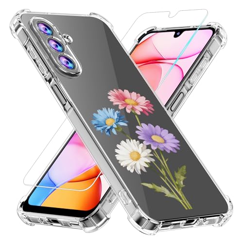 Phone Case for Samsung Galaxy A17 5G Case, Samsung A17 5G Case with Tempered Glass Screen Protector, Soft Flexible TPU Slim Fit Shockproof Phone Cover for Women Men Girl Boy (Clear-Daisy) - color: Clear-Daisy