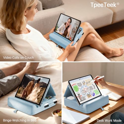 Tablet Pillow Stand with Storage, Foldable iPad Holder for Lep, Bed, Sofa, and Desk - Soft Pad Dock with Pocket and Stylus Mount Compatible with 4-13" iPad Pro/Air/Mini, Galaxy Tab, Kindle - color: Blue