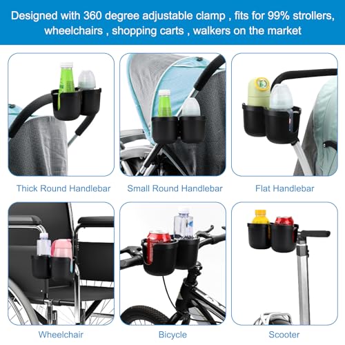 Accmor Stroller Cup Holder, Drinks Holder Bike Walker Wheelchair - color: All Black-Double Holder