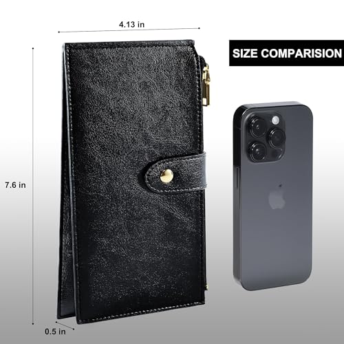 Travelambo RFID Wallet Women Large Size Bifold Multi Card Wallet Case with Zipper Pocke Credit Card Holder for Women - color: Black Wax Leather
