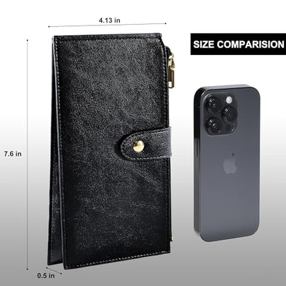 Travelambo RFID Wallet Women Large Size Bifold Multi Card Wallet Case with Zipper Pocke Credit Card Holder for Women - color: Black Wax Leather