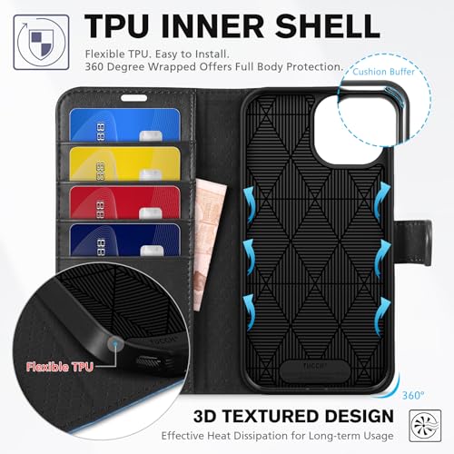 TUCCH Wallet Case for iPhone 15 (6.1"), 4 Card Holders, Black & Light Blue | RFID Blocking, Viewing Stand, Shockproof TPU Shell, PU Leather, Magnetic Closure, Protective Folio Flip Cover - color: Black & Light Blue