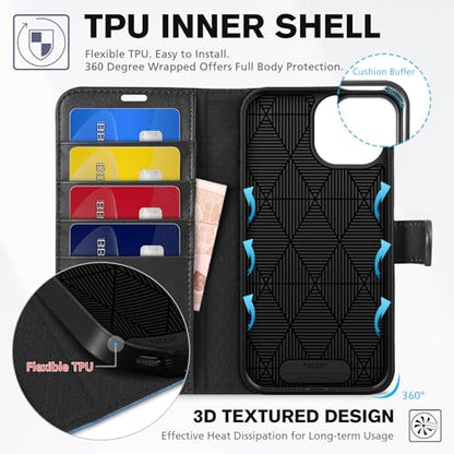 TUCCH Wallet Case for iPhone 15 (6.1"), 4 Card Holders, Black & Light Blue | RFID Blocking, Viewing Stand, Shockproof TPU Shell, PU Leather, Magnetic Closure, Protective Folio Flip Cover - color: Black & Light Blue