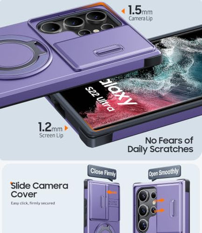 JAME for Samsung Galaxy S22 Ultra Case with Ring Stand Slide & Camera Cover - color: Purple, size: Galaxy S22 Ultra