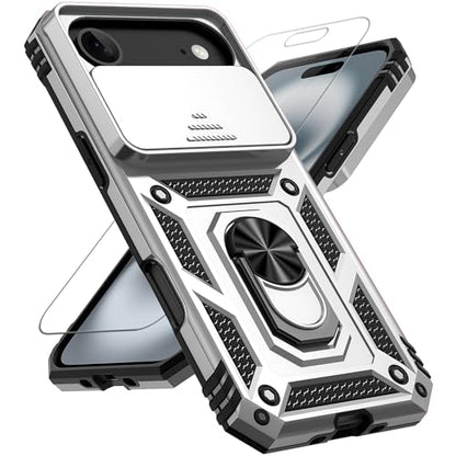 for iPhone Air Case, with Slide Camera Cover HD Screen Protector [Military Grade 16ft. Drop Tested] Ring Holder Kickstand Protective Phone Case for Apple iPhone Air 2025, Silver - color: Silver w/ Slide Camera 2nd gen. Military Grade