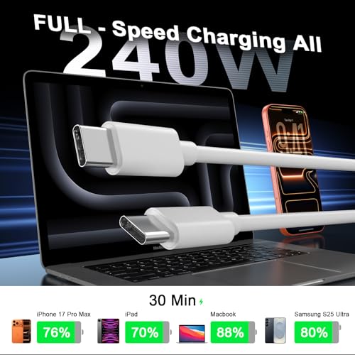 [Apple MFi Certified] 2 Pack 240W iPad Fast Charging Cable Cord 6FT - color: CWhite