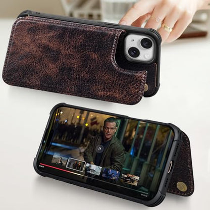 Wallet Real Leather Case Compatible with iPhone 15 6.1" | Genuine Leather,Shockproof, Anti-Fall Case,Flip Cover,with Card Slot,Double Magnetic Buckle,Kickstand,RFID Blocking Coffe - color: Brown Coffee, size: 6.1"-15