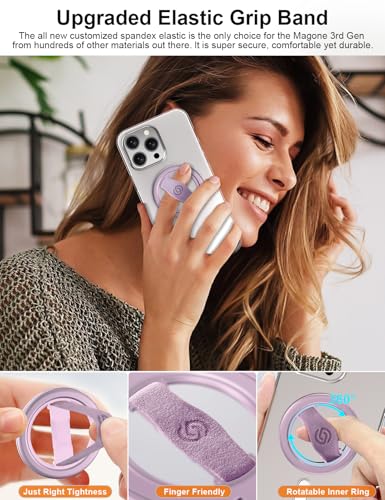 EWA MagOne Lite 3rd Gen Cell Phone Ring Holder, with Replaceable 360° Rotation Elastic Finger Strap, Phone Grip Compatible with,15,14,13 Pro/Max/Plus-(Purple)