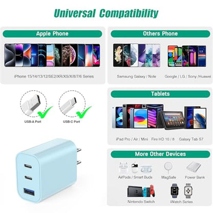 [2-Pack]iPhone 17 Charger Block,35W 3-Port Fast USB Charger Block Wall Plug - color: 2Pack Blue, size: 2Pack