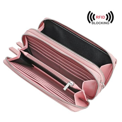 RFID Crossbody Wallet Wristlet Purse with Phone Pocket For Women Vegan Leather - color: Pink