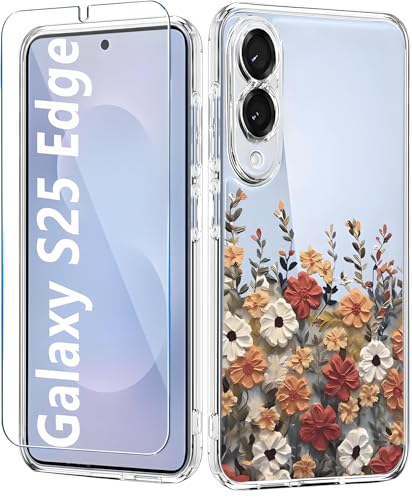 for Samsung Galaxy S25 Edge Case Clear,Galaxy S25 Edge Case Floral with Screen Protector [Camera Protection] Slim Shockproof Cover for Samsung S 25 Edge Phone Cases for Women, Flower Design - color: Flowers, size: S25 E Case