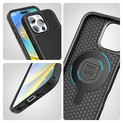 ENCASED Shockproof Case Compatible with iPhone 16 Pro - Ultra Protective Heavy Duty Magnetic Phone Cover, Rebel Series (Black) - color: Black, size: iPhone 16 Pro