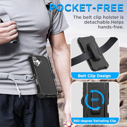 AICase for iPhone 16 Plus Case(6.7") with Belt Holster+Glass Screen Protector,Heavy Duty Drop Protection Full Body Rugged Shockproof/Dust Proof Military Protective Tough Durable Men Wome 6.7" 2024 - color: Black+Belt Clip+Protector