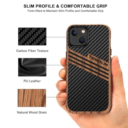TENDLIN Magnetic Case Compatible with iPhone 14 Case Wood Grain with Carbon Fiber Texture Design Leather Hybrid Slim Cover (Compatible with MagSafe) Three Stripe - color: Magnetic Three Stripe, size: iPhone 14