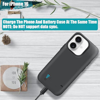 [Upgraded Battery Case for iPhone 16, 5000mAh Rechargeable Extended Battery Charging Charger Case, Add 100% Extra Juice (6.1 Inches) Black