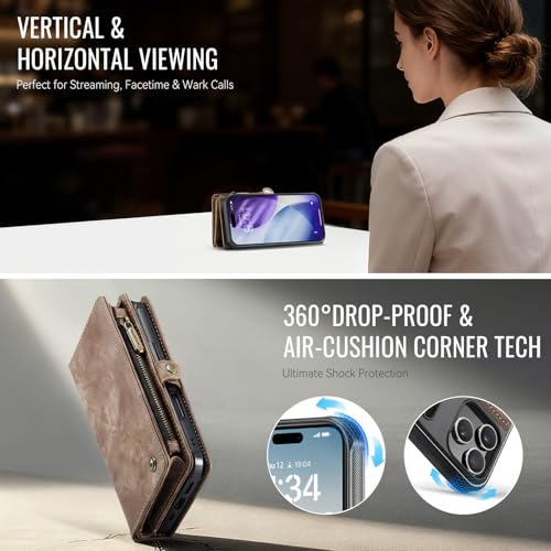 Compatible with iPhone 17 Pro Wallet Case with Magsafe with Zipper & Card Holder Strap Wristlet Detachable Magnetic Protective Back Case for iPhone 17 Pro 5G 6.3 Inch (Brown) - color: (Detachable and Magsafe)-Brown, size: iPhone 17 Pro 6.3 Inch