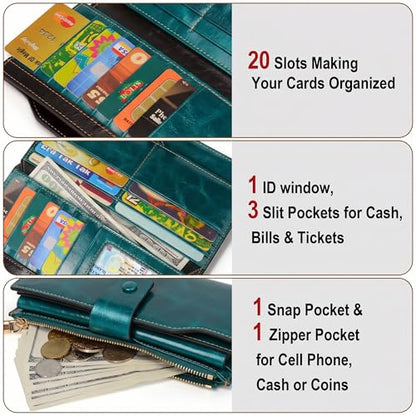 YALUXE Women's Real Leather Wallet RFID Protect 21 Card Slots Phone Pocket - color: 4- Waxed Greenish Blue, size: Genuine Leather