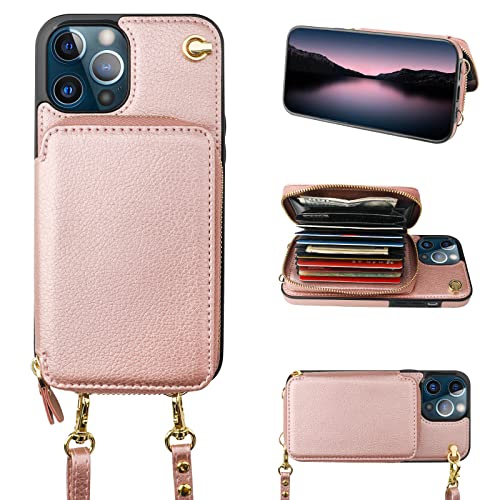 Bocasal Multi-Slot Crossbody Wallet Case for iPhone 12 Pro Max, Rose Gold | RFID Blocking PU Leather Purse Case with Card Holder, Handbag Flip Cover with Zipper Wrist Strap Lanyard for Women 6.7 Inch - color: Rose Gold