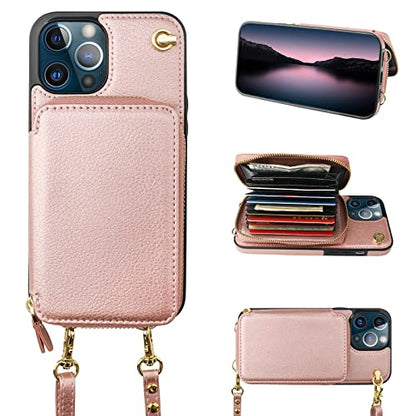 Bocasal Multi-Slot Crossbody Wallet Case for iPhone 12 Pro Max, Rose Gold | RFID Blocking PU Leather Purse Case with Card Holder, Handbag Flip Cover with Zipper Wrist Strap Lanyard for Women 6.7 Inch - color: Rose Gold