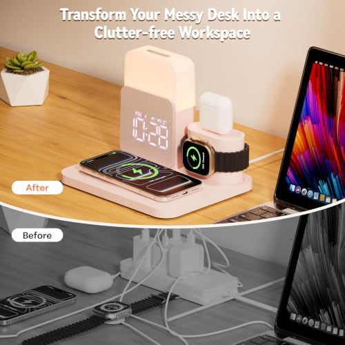 7 in 1 Wireless Charging Station, 25W Charger with Alarm Clock Night Light - color: Pink