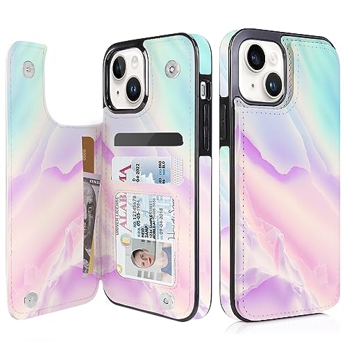 uCOLOR for iPhone 13/14 Wallet Case with Card Holder | PU Leather RFID Blocking for Women Men Magnetic Clasp Kickstand, Pastel Pink Marble - color: Pastel Pink Marble