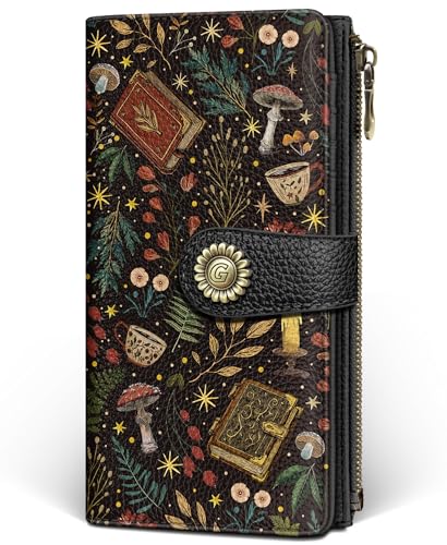 GIANCOMICS Book Mushroom Womens Wallet RFID, Goth Credit Card Holder Bifold | Billfold, Cute Cash Purse, Travel Zipper Coin Pocket, Compact Clutch, PU Leather, ID Window, 11 Card Slots, Ladies Gift Woman - color: Books and Mushrooms