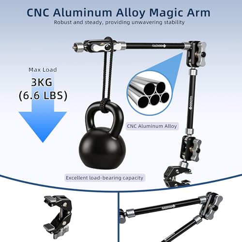 GEEKOTO 22" Magic Arm, Overhead Phone Mount with 360Dual Ball Head, CNC Aluminum Desk Camera Mount for Photography & Content Creation, Camera, Phone Holder,Filming, Action Camera, LED Light, Webcam - style: Desk Clip&Phone Clip