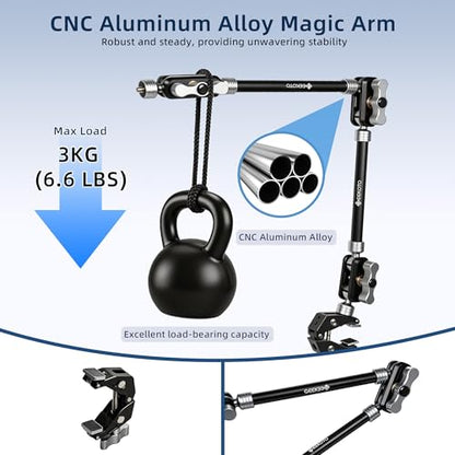 GEEKOTO 22" Magic Arm, Overhead Phone Mount with 360Dual Ball Head, CNC Aluminum Desk Camera Mount for Photography & Content Creation, Camera, Phone Holder,Filming, Action Camera, LED Light, Webcam - style: Desk Clip&Phone Clip
