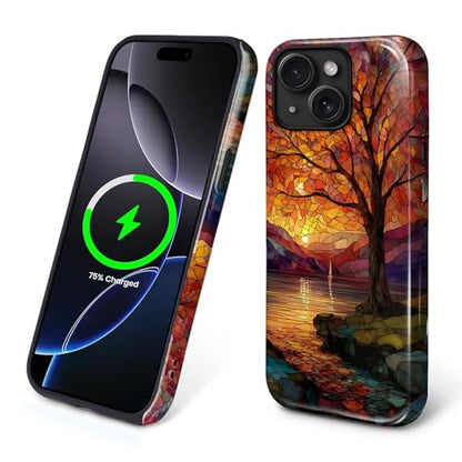 Magnetic Phone Case for iPhone 13/14,Compatible with MagSafe,Durable 2 Layers Full Covered Shockproof Protective Cover-Stained Glass Sunrise Fall Leaves - color: Stained Glass Sunrise Fall Leaves, size: iPhone 13/14