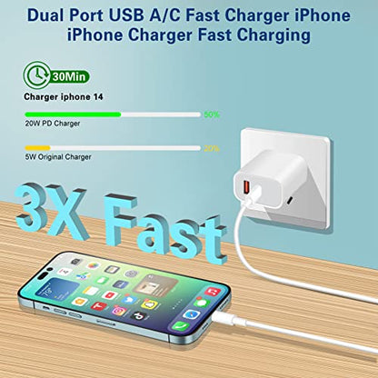 Fast Charger iPhone,Dual Port A/C iPhone Charger Fast Charging Block,2Pack Super Quick Double Apple iPhone Wall Charger Power Adapter 10FT USB C to Lightning Cable for iPhone 14/13/12/11/ProMax/XS/XR - size: 10FT
