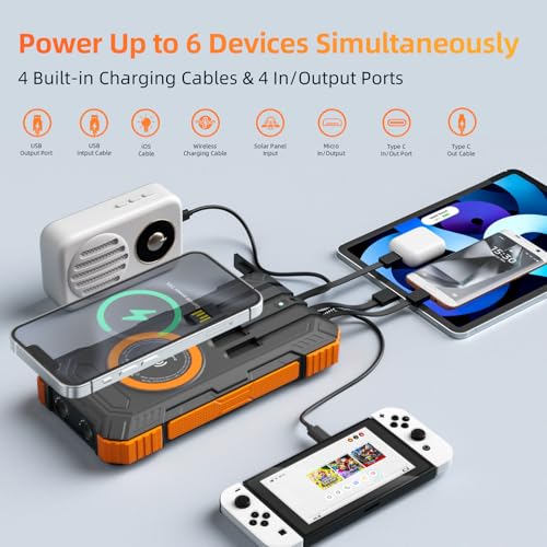 Solar Charger Power Bank 49800mAh Wireless Portable Phone Charger, 22.5W QC3.0 Fast Charging Built in 4 Cables with USB C 6 Outputs & 2 Inputs for All Cell Phone - color: Orange