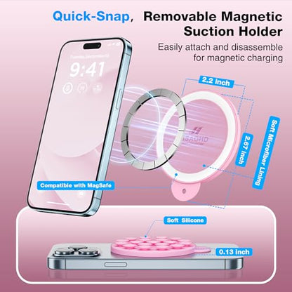 Magnetic Suction Cup Phone Mount with MagSafe, Silicone Hands-Free Grip Holder for iPhone Case and Android, Mirror Shower Phone Stand for Makeup FaceTime Gym Kitchen Bathroom, Pink - color: Pink