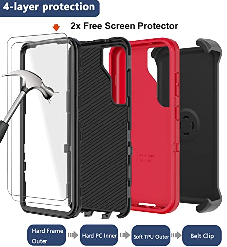 for Samsung Galaxy S23 Case with Belt Clip Holster, 2 x Screen Protector, Heavy Duty Military Grade Full Body Shockproof Dust-Proof Rugged Protective Cover for Samsung S23 5G (Red) - color: Red