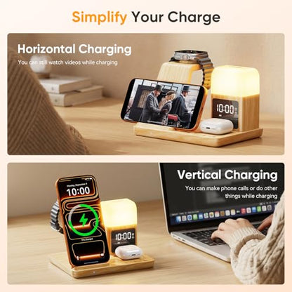 6 in 1 Wireless Charging Station with Clock & Night Light，Alarm Clocks for Bedrooms,Wireless Charger Stand with Beside Clock for iPhone 18/17/16/15/14/13/12 Pro Max, Apple Watch,Airpods (Wood) - color: Wood