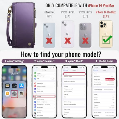 Defencase for iPhone 14 Pro Max Wallet Case with RFID Card Holder, Purple | Durable Soft PU Leather, with Zipper Pocket, Wrist Strap, Fashion Snap Flip Phone Cases Cover with Stand for Women and Men - color: Purple