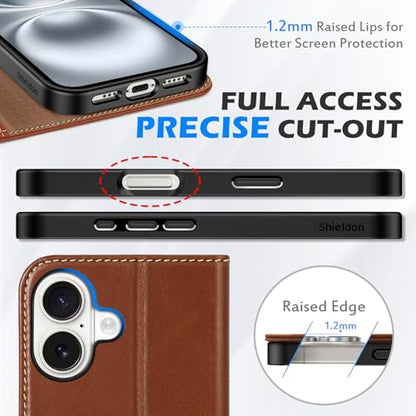 SHIELDON Genuine Leather Wallet Case for iPhone 16 6.1" 2024, Retro Brown | Magnetic Closure, RFID Blocking, Credit Card Holder, Viewing Stand, Folio Design, Shockproof Protective Cover - color: Retro Brown