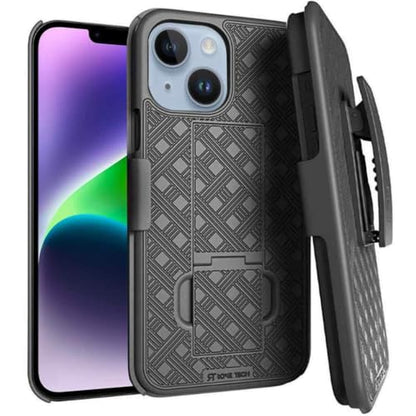 Designed for iPhone 14 Plus Case with Belt Clip Holster | Rugged Holster & Protective Phone Case Combo with Anti-Slip Texture - Black - color: Black Lines, style: iPhone 14 Plus