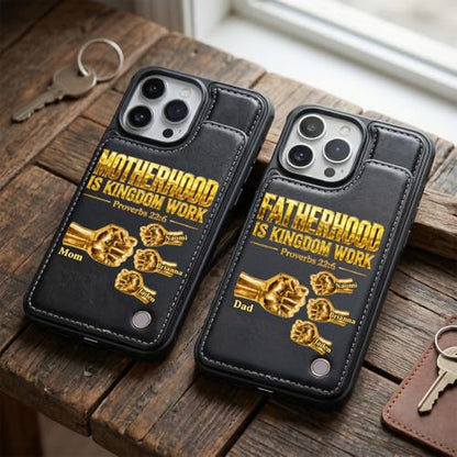 Fatherhood is Kingdom Work Golden Fist Bump Personalized Leather Flip Wallet Phone Case Custom Protective Cellphone Cover Religious Gift for Dad Husband