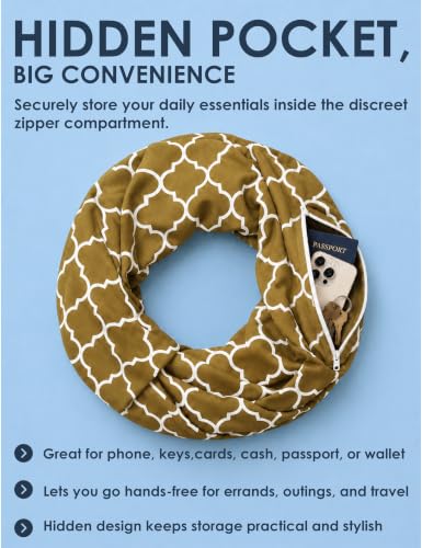 Pop Fashion Quatrefoil Pattern Infinity Scarf for Women - Travel Scarf with Hidden Pocket - All Seasons - color: Brown, size: 24.5 x 9.5