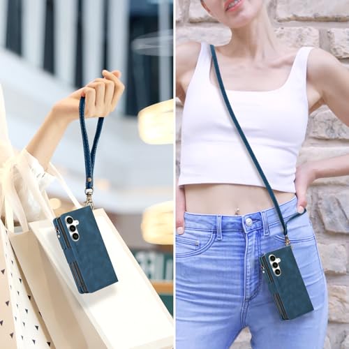 for Samsung Galaxy S25-FE-Wallet Case: with RFID Blocking Card Slots (6 Cards) | Soft PU Leather Magnetic Snap Zipper Pocket | Crossbody Wrist Strap Protective Phone Cover - Blue - color: Blue, size: Galaxy S25 FE（6.7‘’）