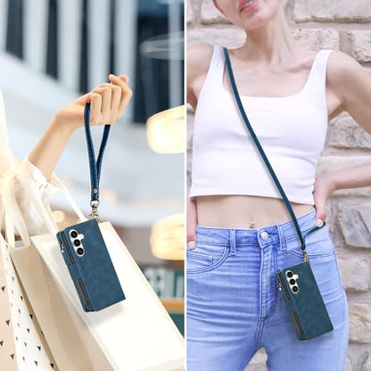 for Samsung Galaxy S25-FE-Wallet Case: with RFID Blocking Card Slots (6 Cards) | Soft PU Leather Magnetic Snap Zipper Pocket | Crossbody Wrist Strap Protective Phone Cover - Blue - color: Blue, size: Galaxy S25 FE（6.7‘’）