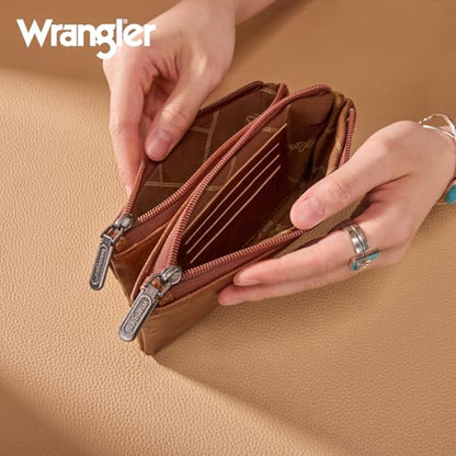 Montana West X Wrangler Brown Wallet Women Double Zipper Pocket Wallet with Rfid Blocking Large Phone Western Women's Wallets Card Cases & Money Organizers - color: Brown